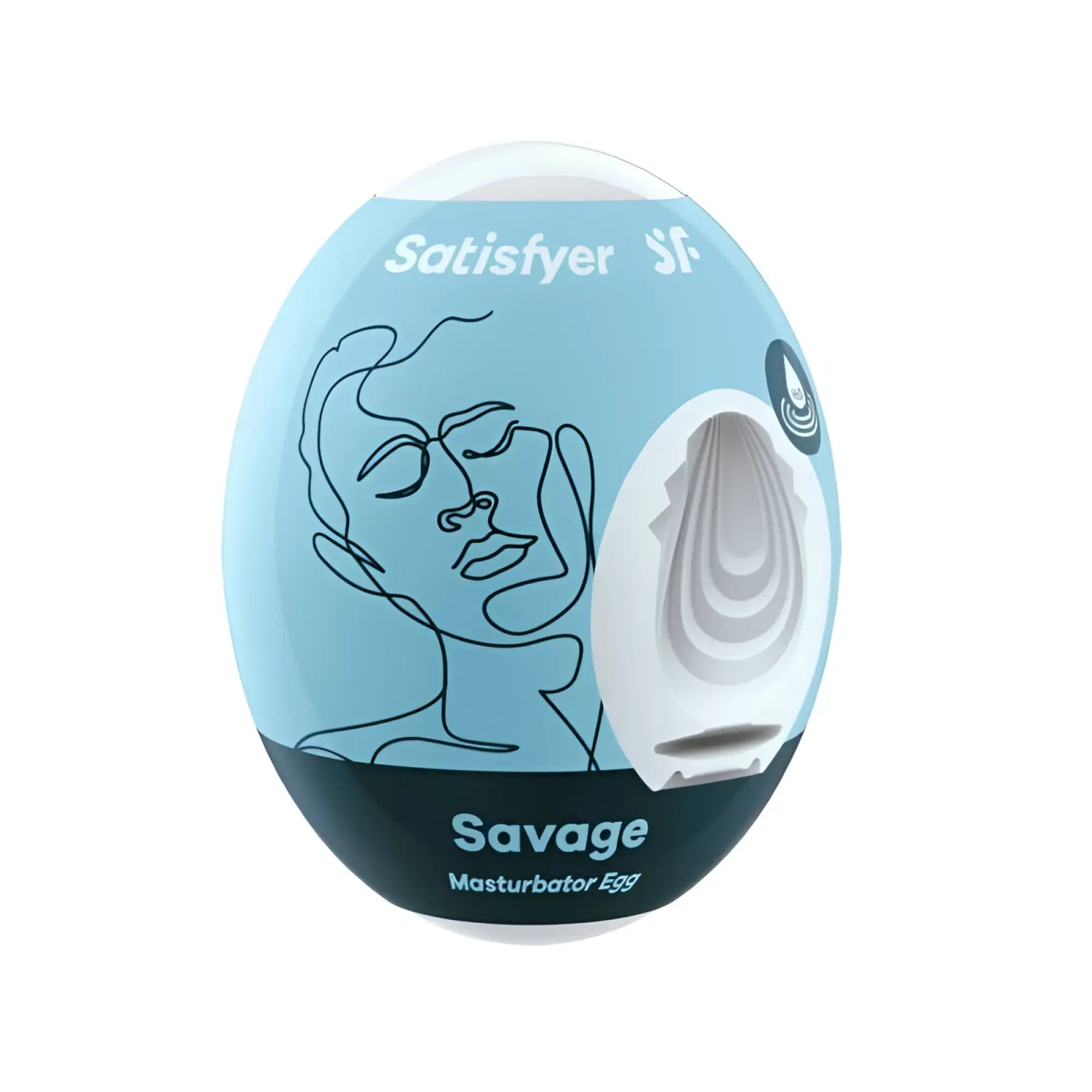 Light blue and black satisfyer masturbator egg savage with minimalist face line drawing on packaging