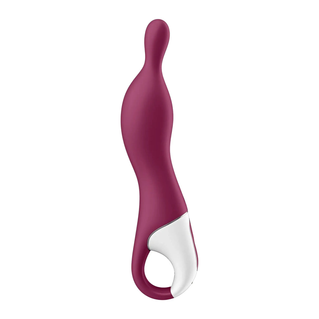 Satisfyer amazing 1 vibrator berry is a sleek magenta silicone adult toy with a curved design and white ergonomic grip