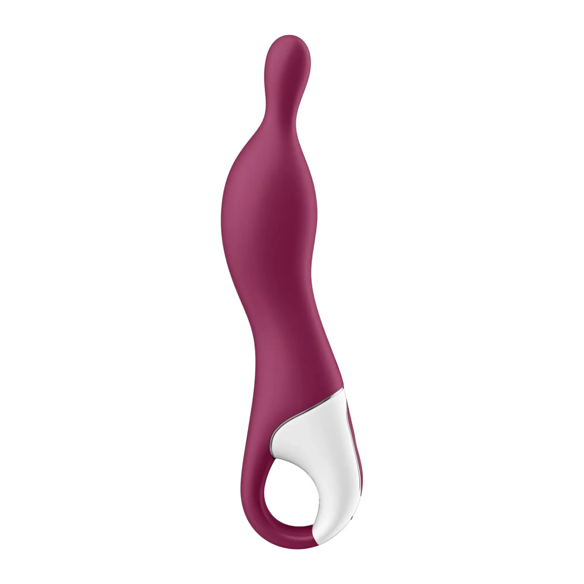 Satisfyer amazing 1 vibrator berry is a sleek magenta silicone adult toy with a curved design and white ergonomic grip
