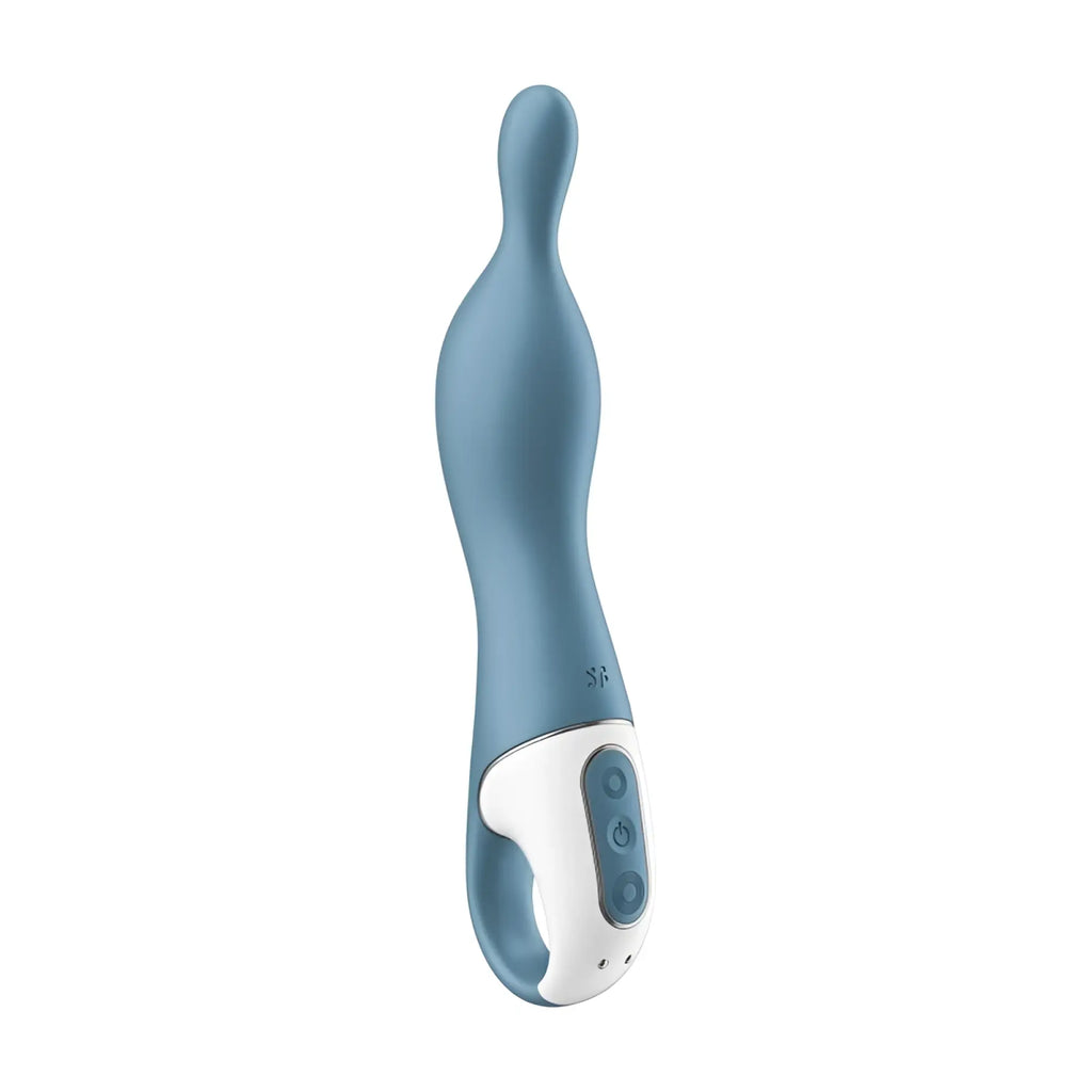 A sleek light blue and white silicone vibrato wand with a curved ergonomic design from Satisfyer A-mazing 1 vibrator blue