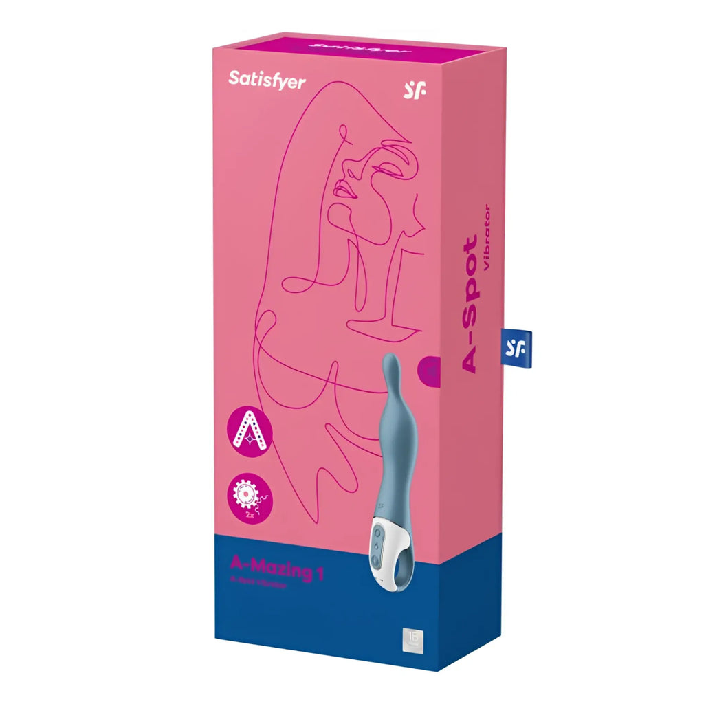 Satisfyer A-mazing 1 vibrator in sleek light blue and white design for a-spot stimulation