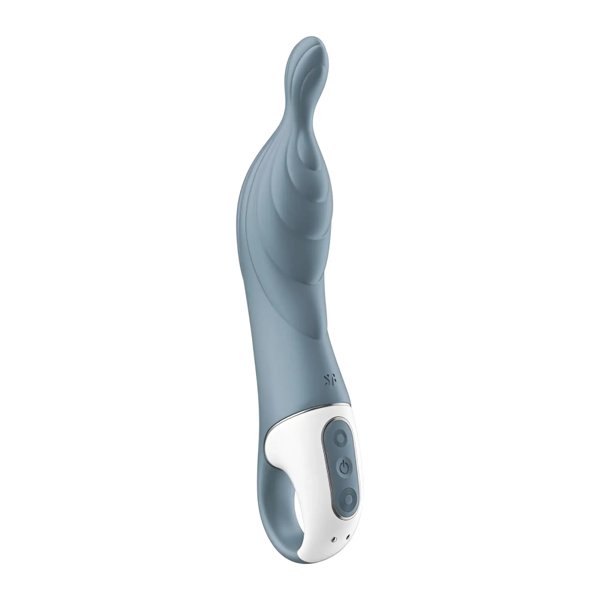 Satisfyer A-mazing 2 vibrator grey sleek light blue silicone toy with white control panel and ergonomic grip