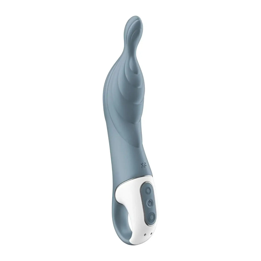 Satisfyer A-mazing 2 vibrator grey sleek light blue silicone toy with white control panel and ergonomic grip