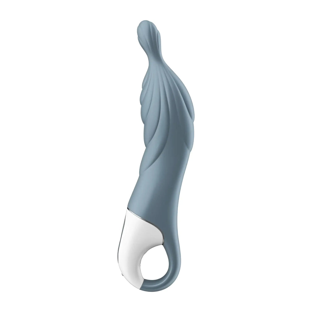 Satisfyer A-mazing 2 vibrator grey with a sleek light blue and white silicone curved ergonomic design and subtle ridges