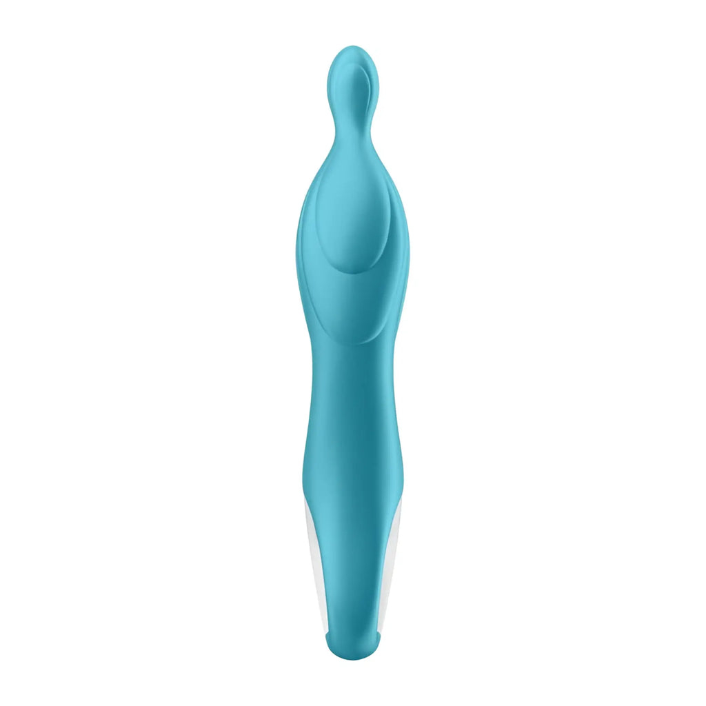 A sleek turquoise silicone vibrator with smooth ergonomic design and white accents by Satisfyer A-mazing 2
