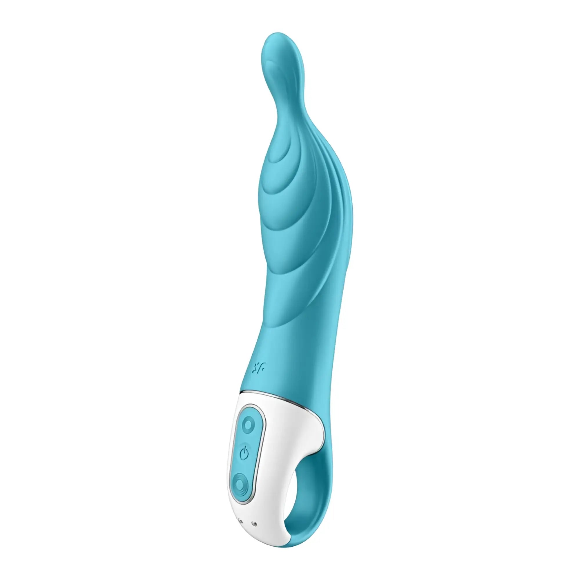 A sleek light blue silicone vibrator with white control panel and ergonomic grip from Satisfyer A-mazing 2 Turquoise