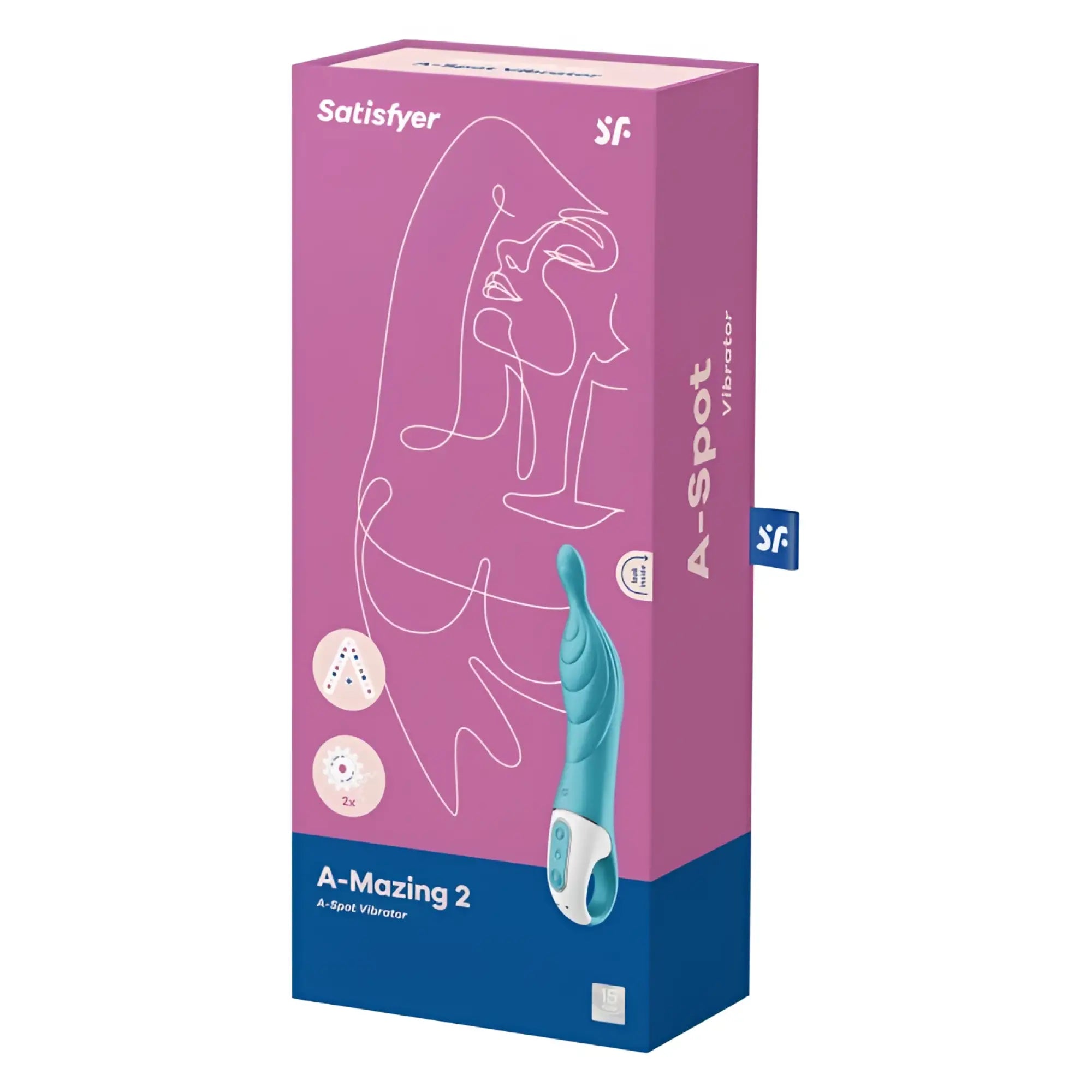 Satisfyer A-mazing 2 vibrator in turquoise and white with a sleek ergonomic design for a-spot stimulation