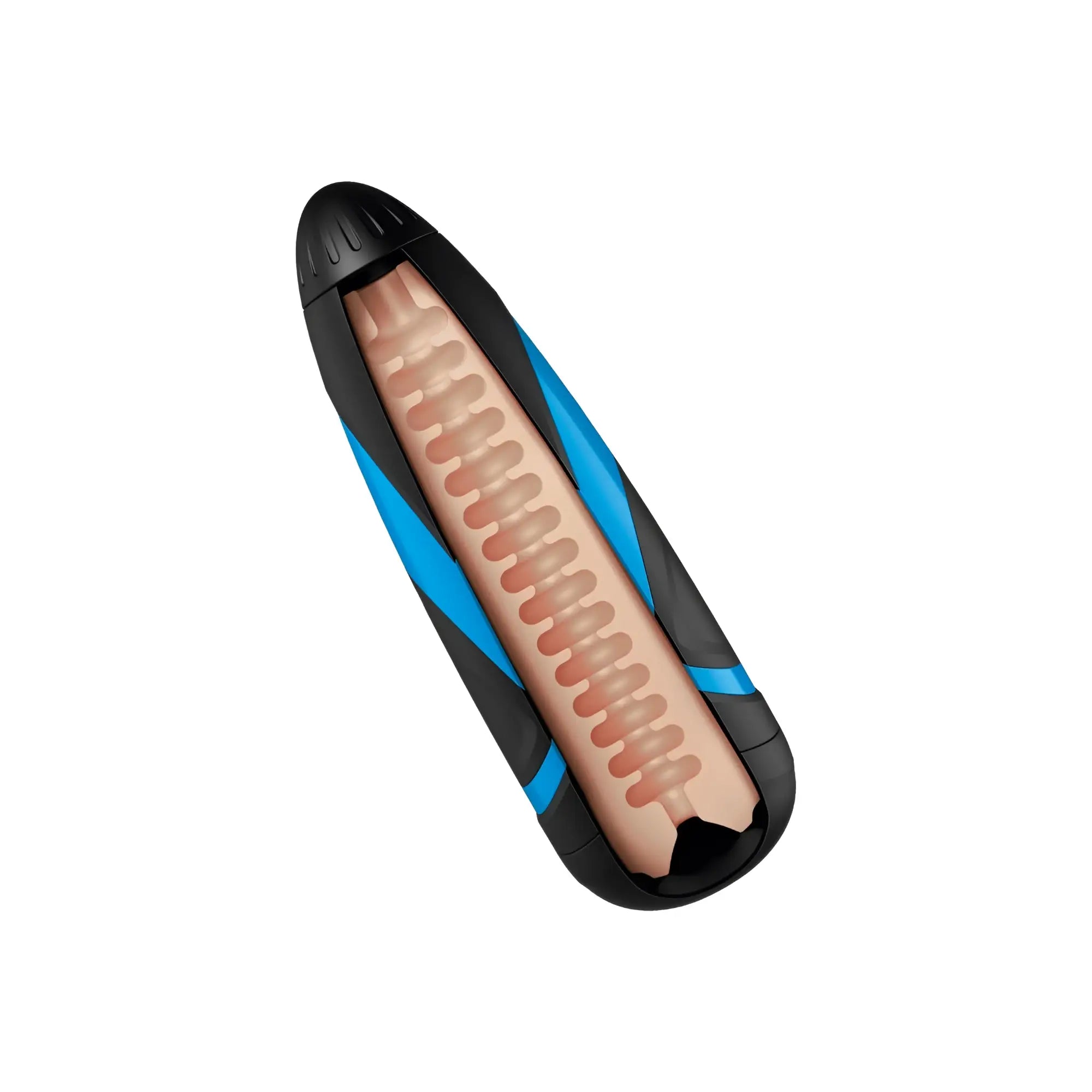 Black and blue satisfyer men sleeve chambers of pleasure with translucent beige ridged segmented interior made of plastic