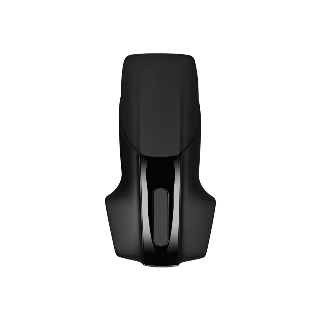 Black plastic car seat belt retractor with sleek ergonomic design and central button for satisfyer men vibration