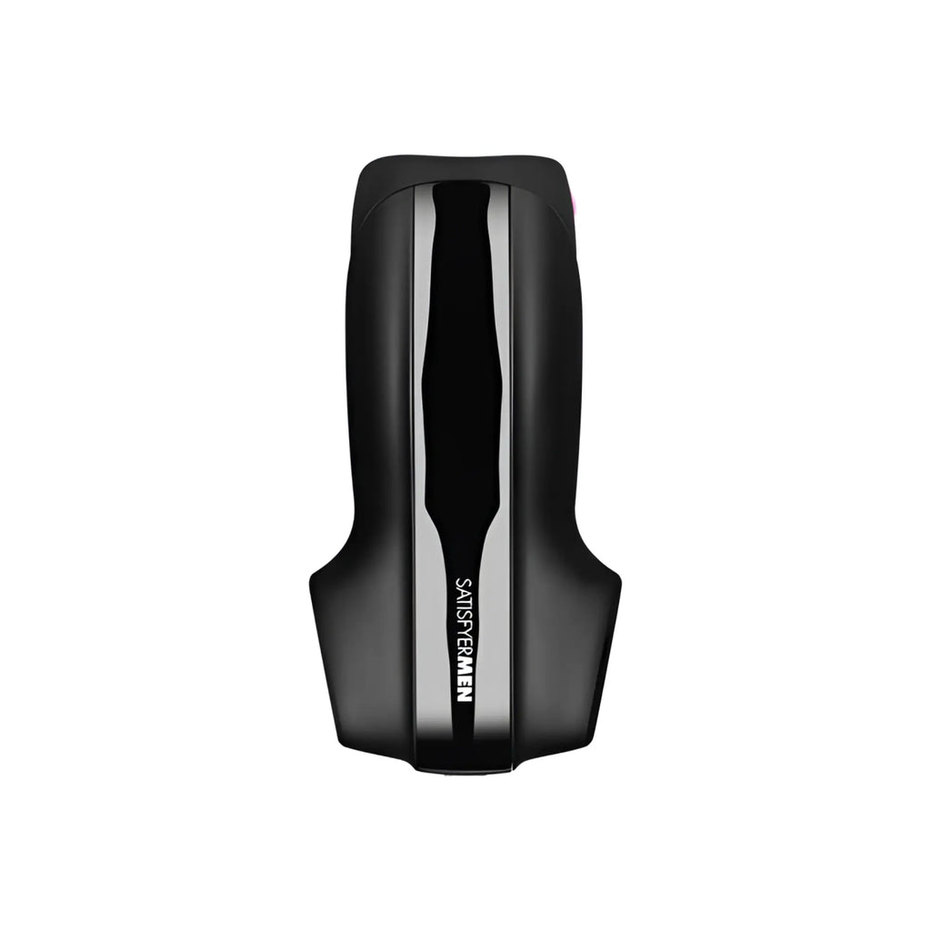 Black satisfyer men vibration adult toy with sleek glossy finish and silver accent stripes for targeted stimulation