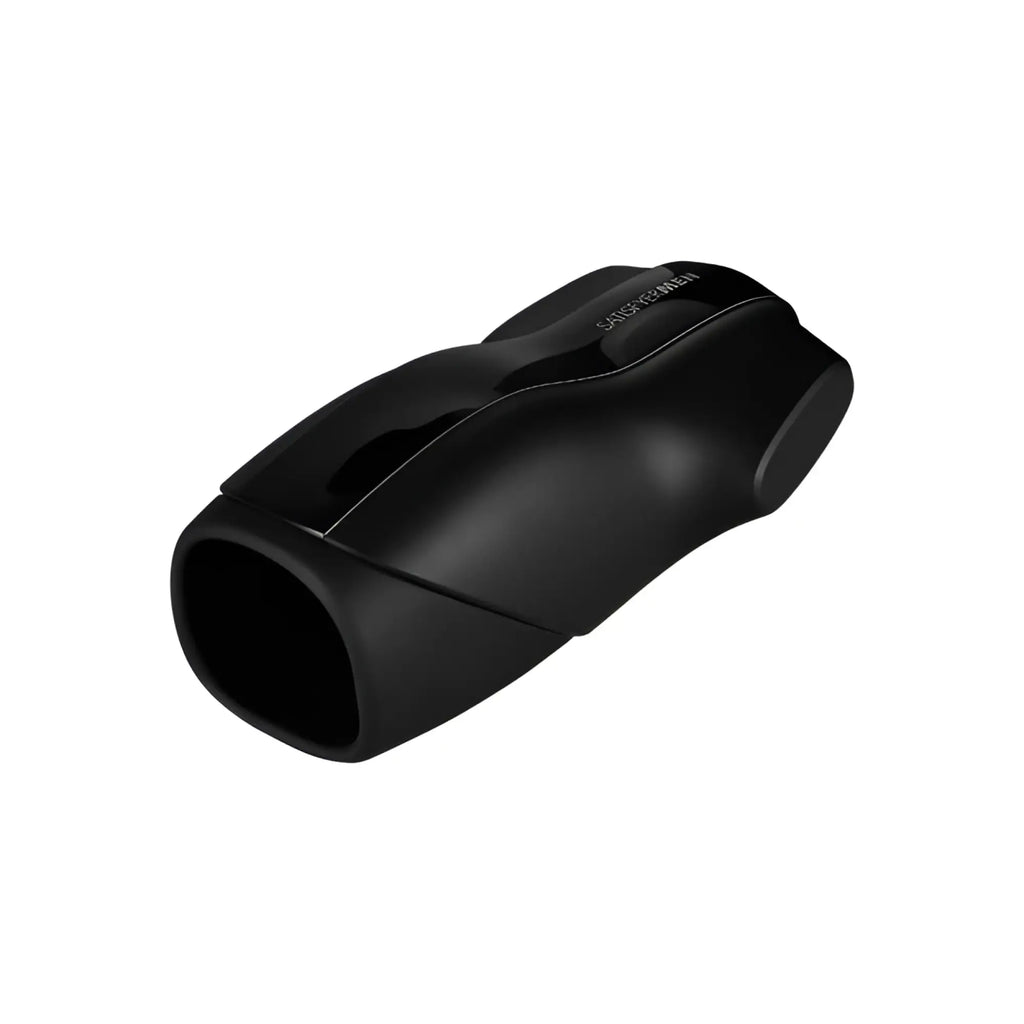 Black silicone adult toy with sleek ergonomic design and satisfyer branding for men vibration stimulation