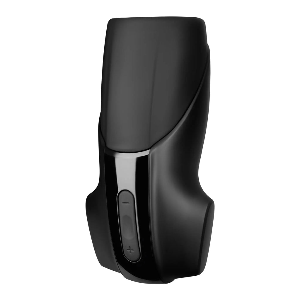 Black sleek Satisfyer Men vibration adult toy with glossy finish and ergonomic contours featuring plus minus control panel