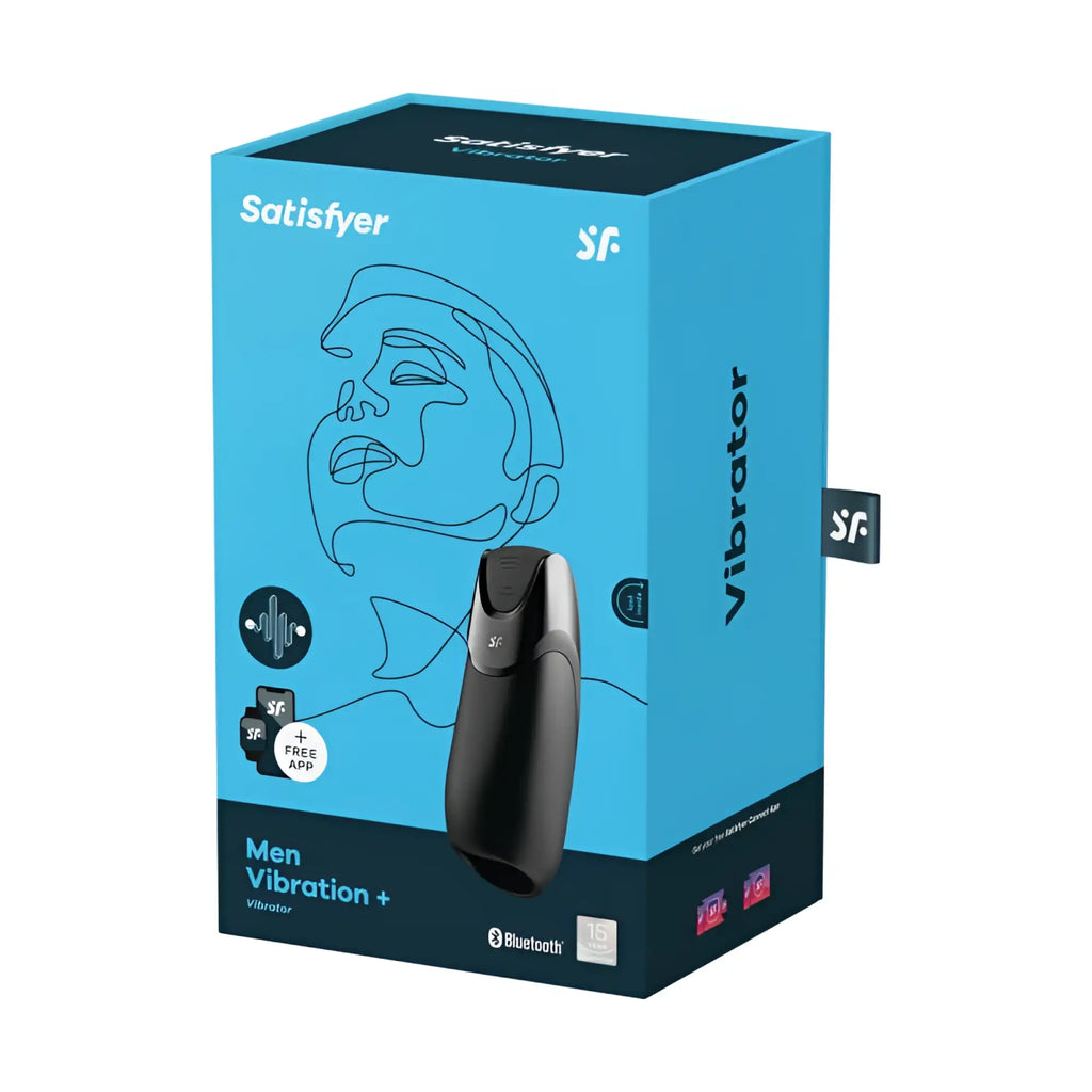 Satisfyer men vibration+ black vibrator in sleek ergonomic design with matte finish and silver accent