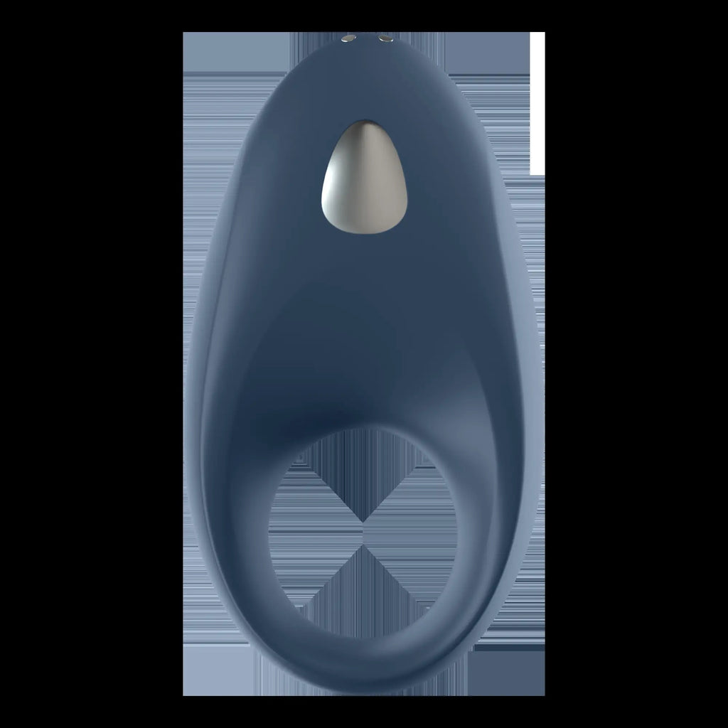 Blue silicone adult toy satisfyer mighty one connect app with a white button on top for hands-free stimulation