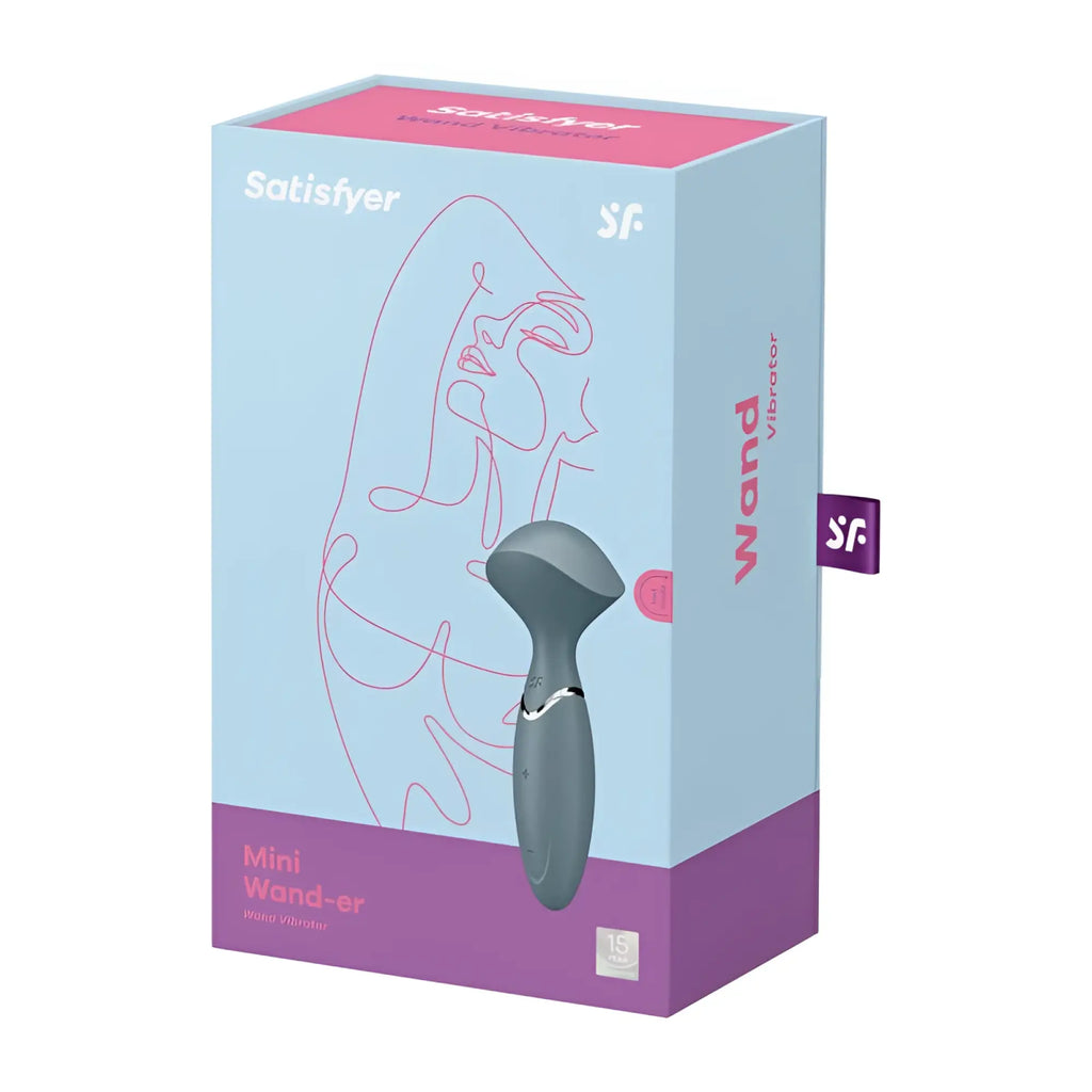 Satisfyer mini wand-er stone grey is a sleek gray silicone wand vibrator with an ergonomic design and silver accent ring