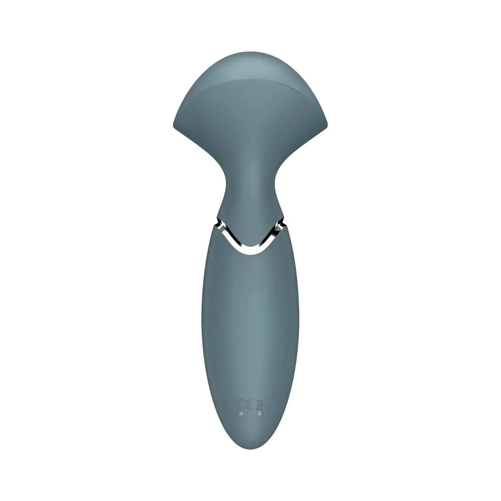 Satisfyer mini wand-er stone grey personal care device with matte gray silicone handle and silver metallic accent band