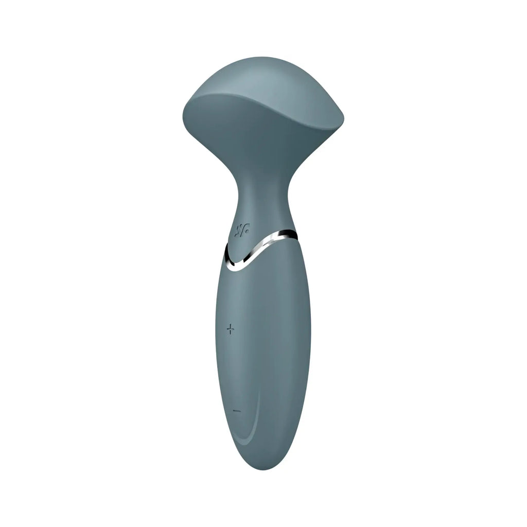 Satisfyer mini wand-er stone grey is a sleek matte gray silicone wand with a silver accent band and subtle control buttons