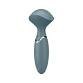 Satisfyer mini wand-er stone grey is a sleek matte gray silicone wand with a silver accent band and subtle control buttons