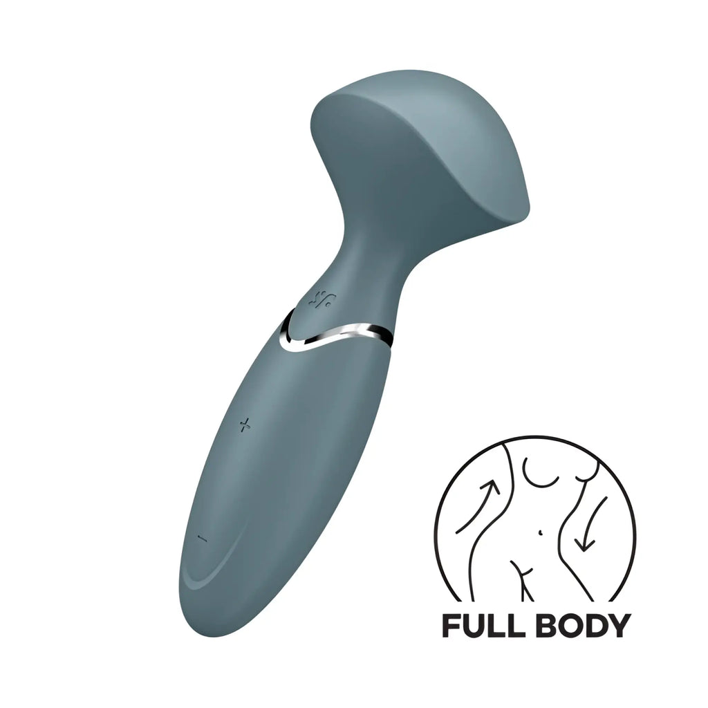 Satisfyer mini wand-er stone grey matte gray silicone wand with silver band and subtle control buttons
