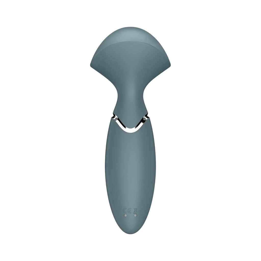 Satisfyer mini wand-er stone grey personal care device with matte gray silicone handle and silver metallic accent band
