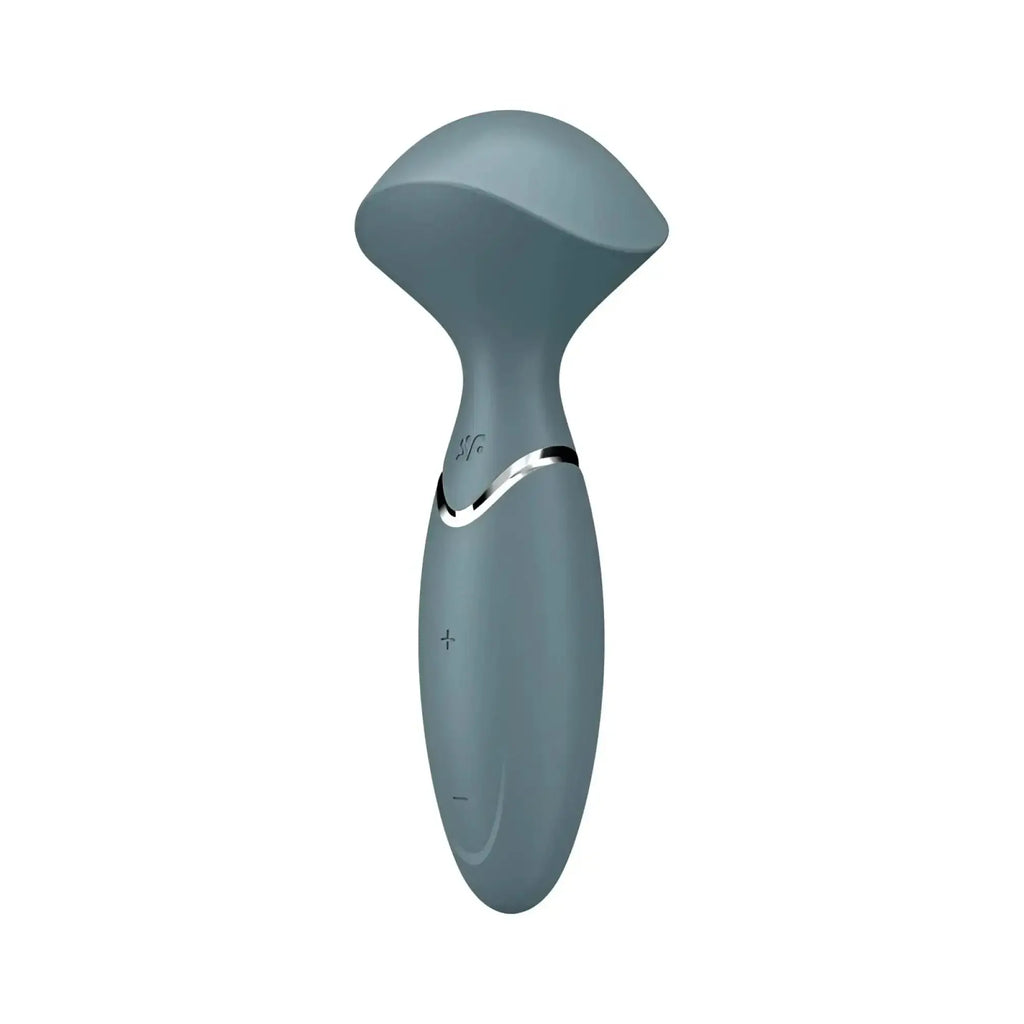 Satisfyer mini wand-er stone grey is a sleek matte gray silicone wand with a silver accent band and subtle control buttons