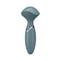 Satisfyer mini wand-er stone grey is a sleek matte gray silicone wand with a silver accent band and subtle control buttons