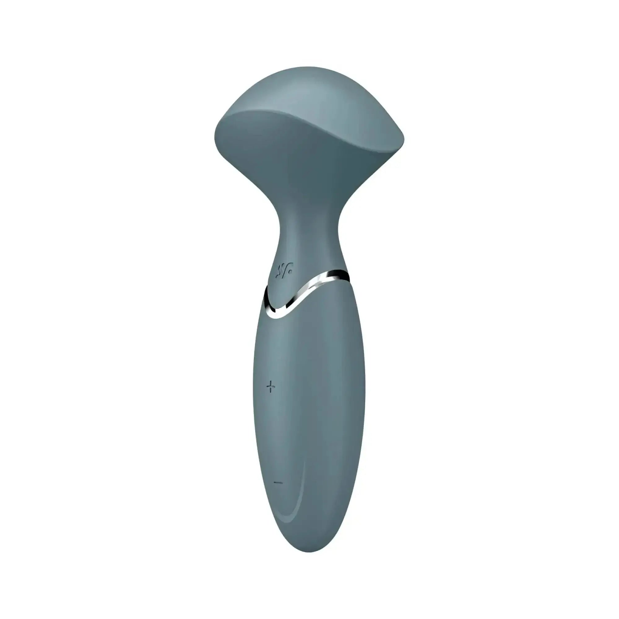 Satisfyer mini wand-er stone grey is a sleek matte gray silicone wand with a silver accent band and subtle control buttons