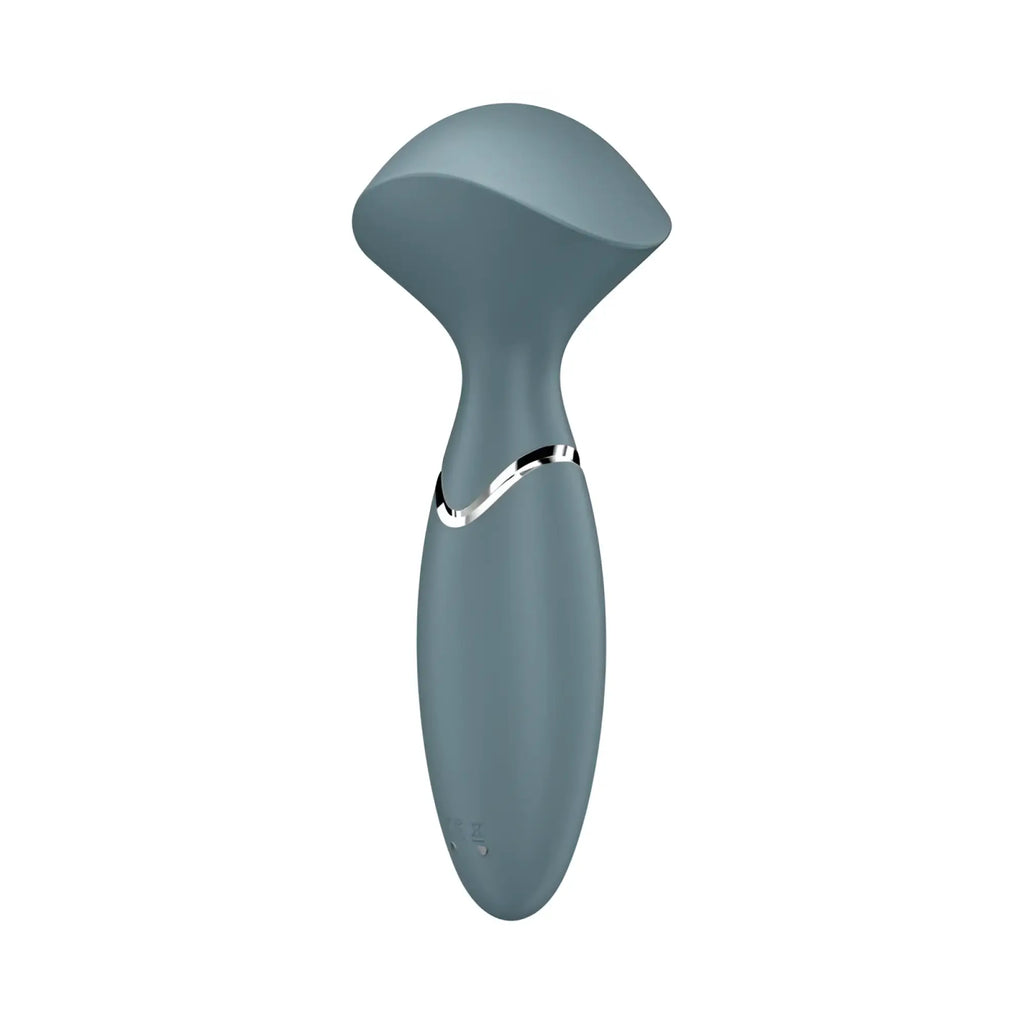 Satisfyer Mini Wand-er stone grey sleek matte silicone vibrator with silver metallic accent band near handle