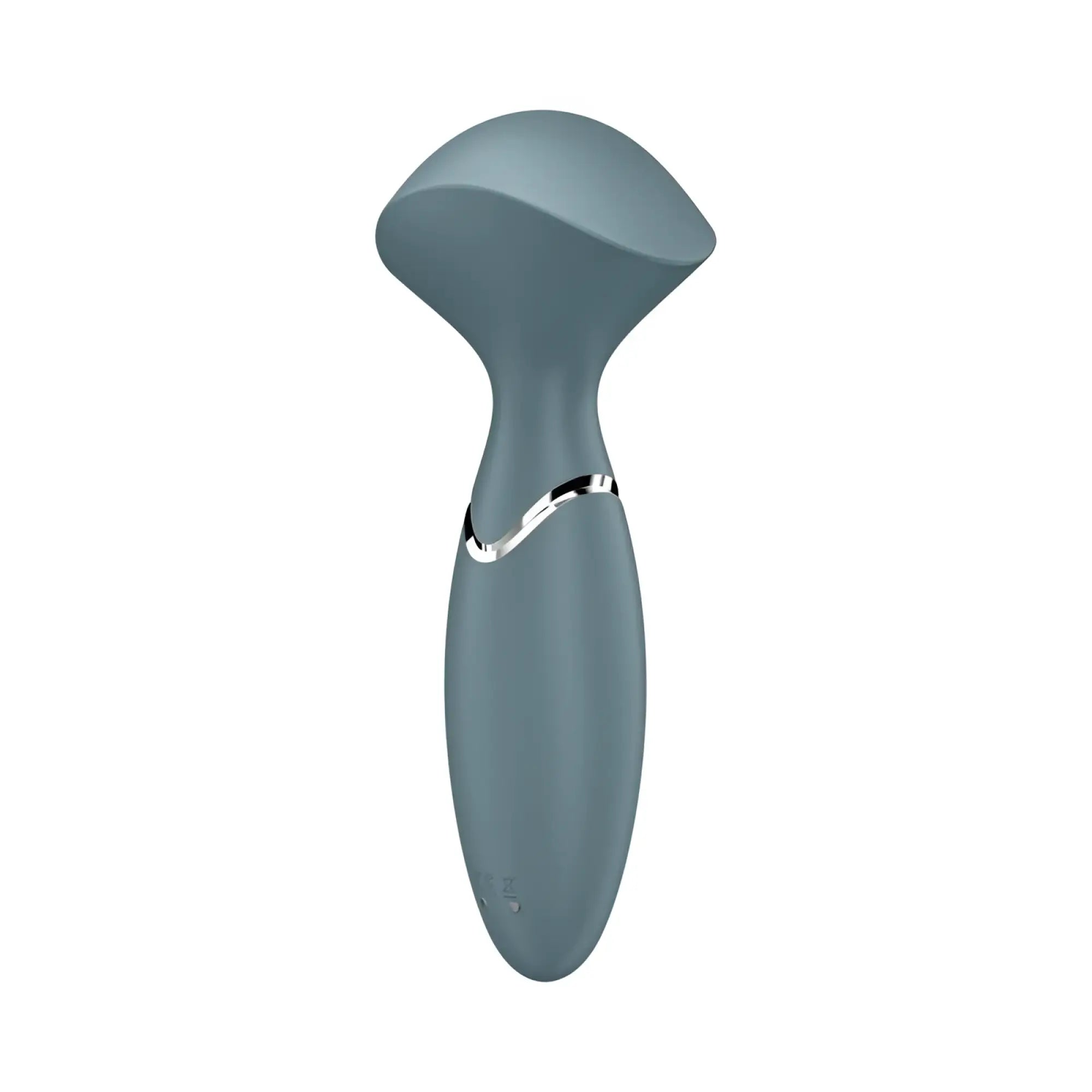 Satisfyer Mini Wand-er stone grey sleek matte silicone vibrator with silver metallic accent band near handle