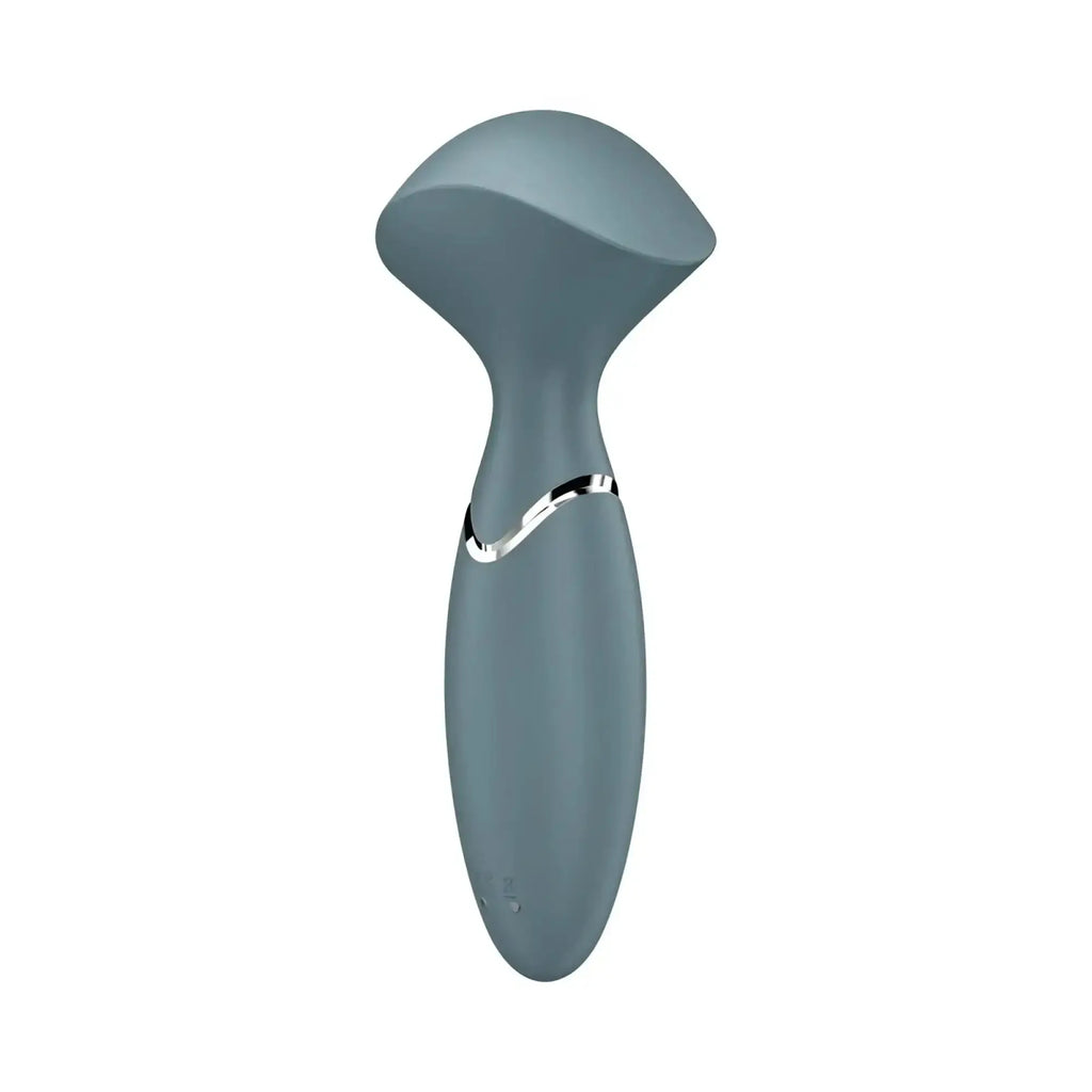 Satisfyer Mini Wand-er stone grey sleek matte silicone vibrator with silver metallic accent band near handle