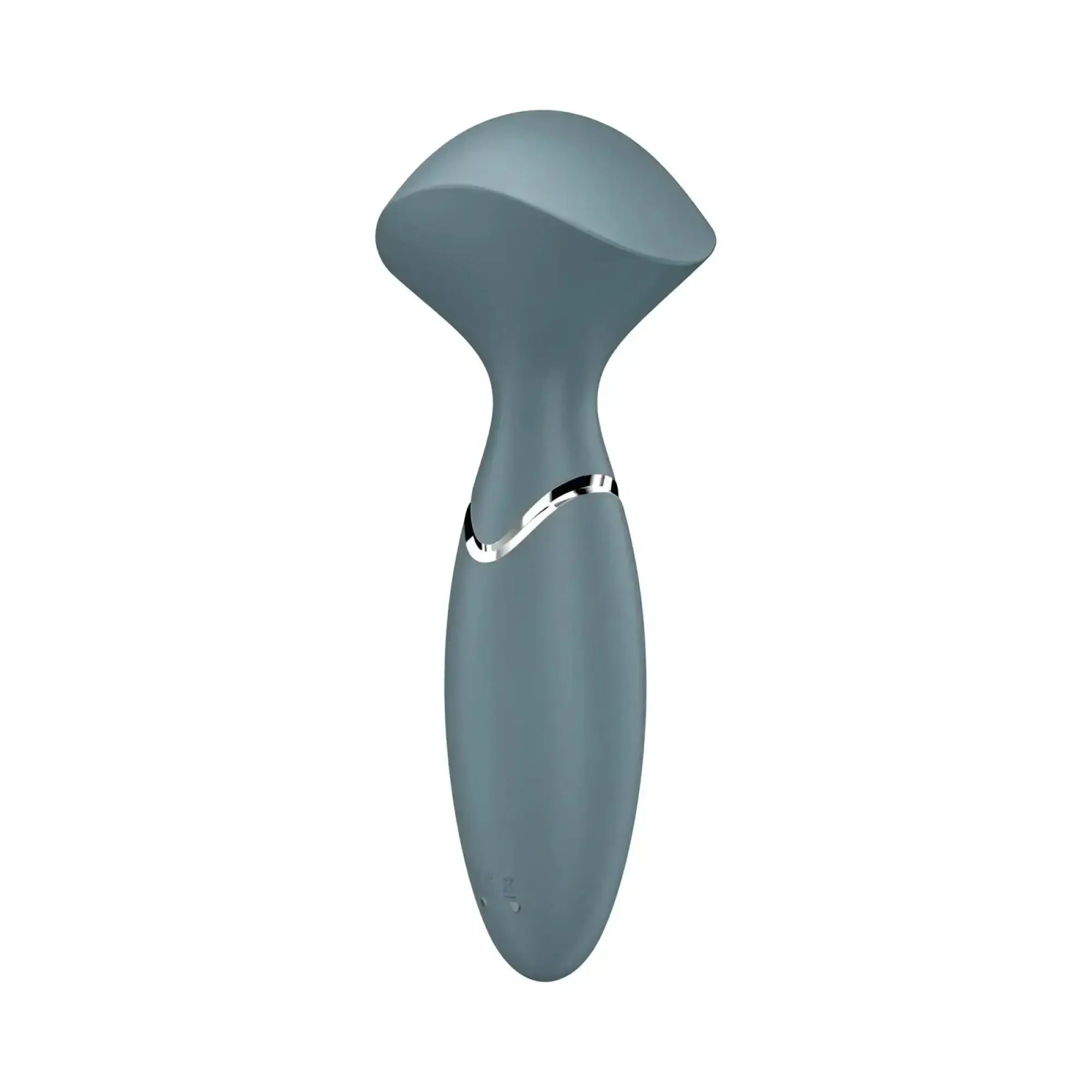 Satisfyer Mini Wand-er stone grey sleek matte silicone vibrator with silver metallic accent band near handle