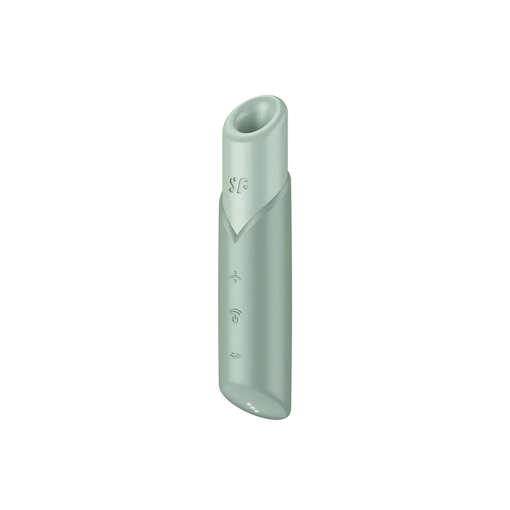 A sleek matte sage green cylindrical vape pen with smooth finish and engraved icons from Satisfyer Naughty Kiss