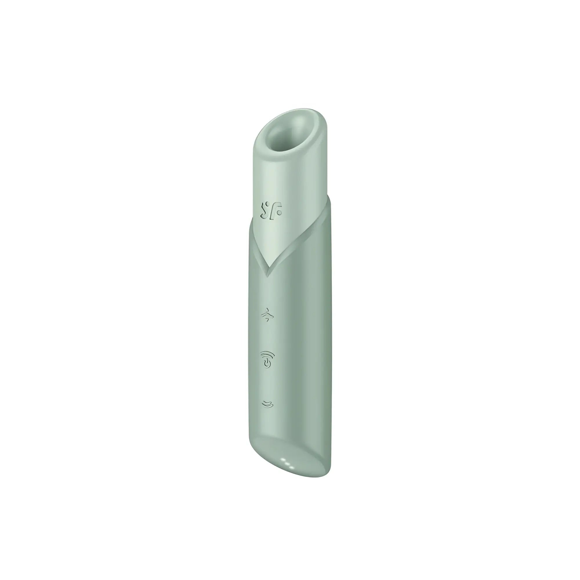 A sleek matte sage green cylindrical vape pen with smooth finish and engraved icons from Satisfyer Naughty Kiss