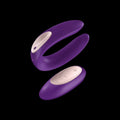 Purple silicone satisfyer partner double plus remote with sleek curved design and silver control panel buttons