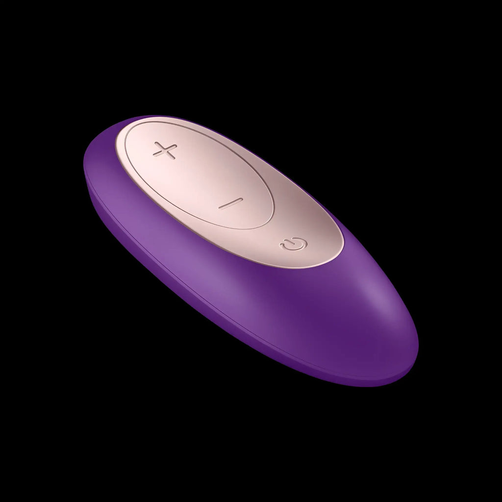 Purple silicone satisfyer partner double plus remote with rose gold metallic plus minus and power button symbols