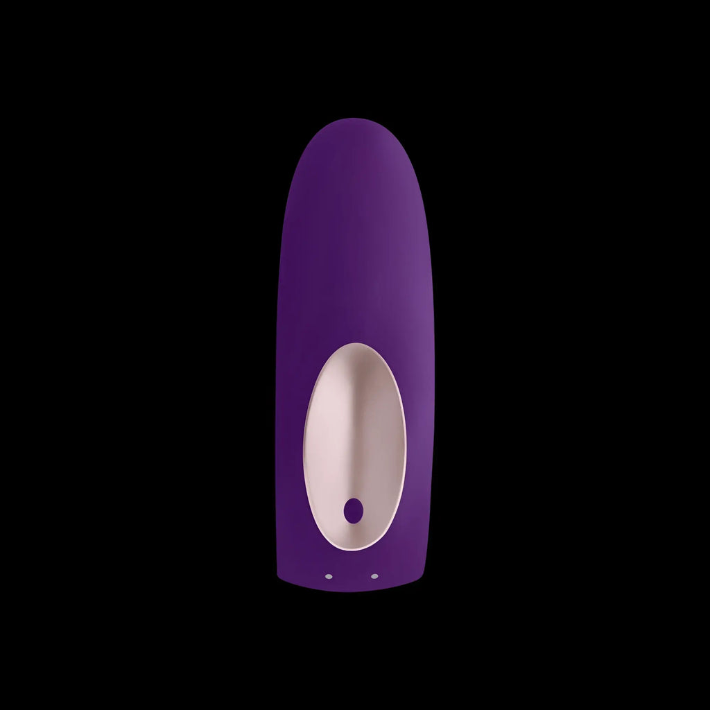 Purple silicone remote control for satisfyer partner double plus with silver oval button and two white dots at base