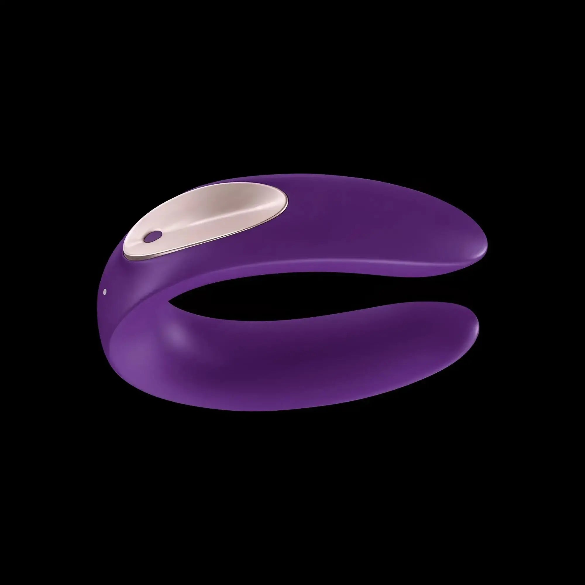 Purple silicone satisfyer partner double plus remote adult toy with silver metallic control panel and circular button