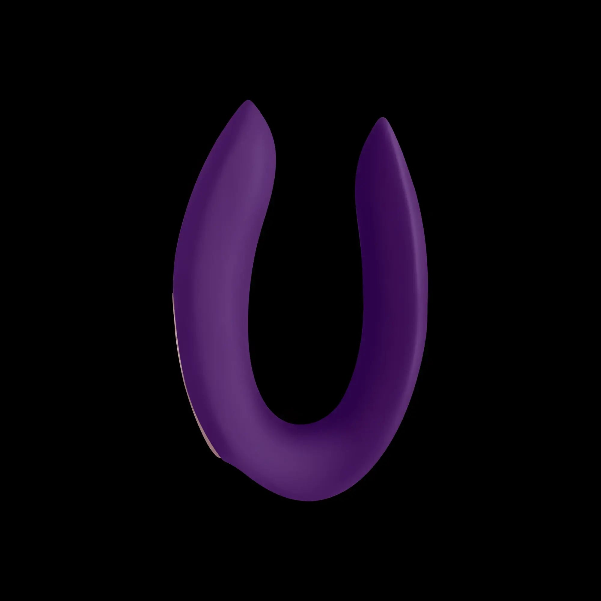 Purple silicone u-shaped vibrator with remote from satisfyer partner double plus for couple pleasure