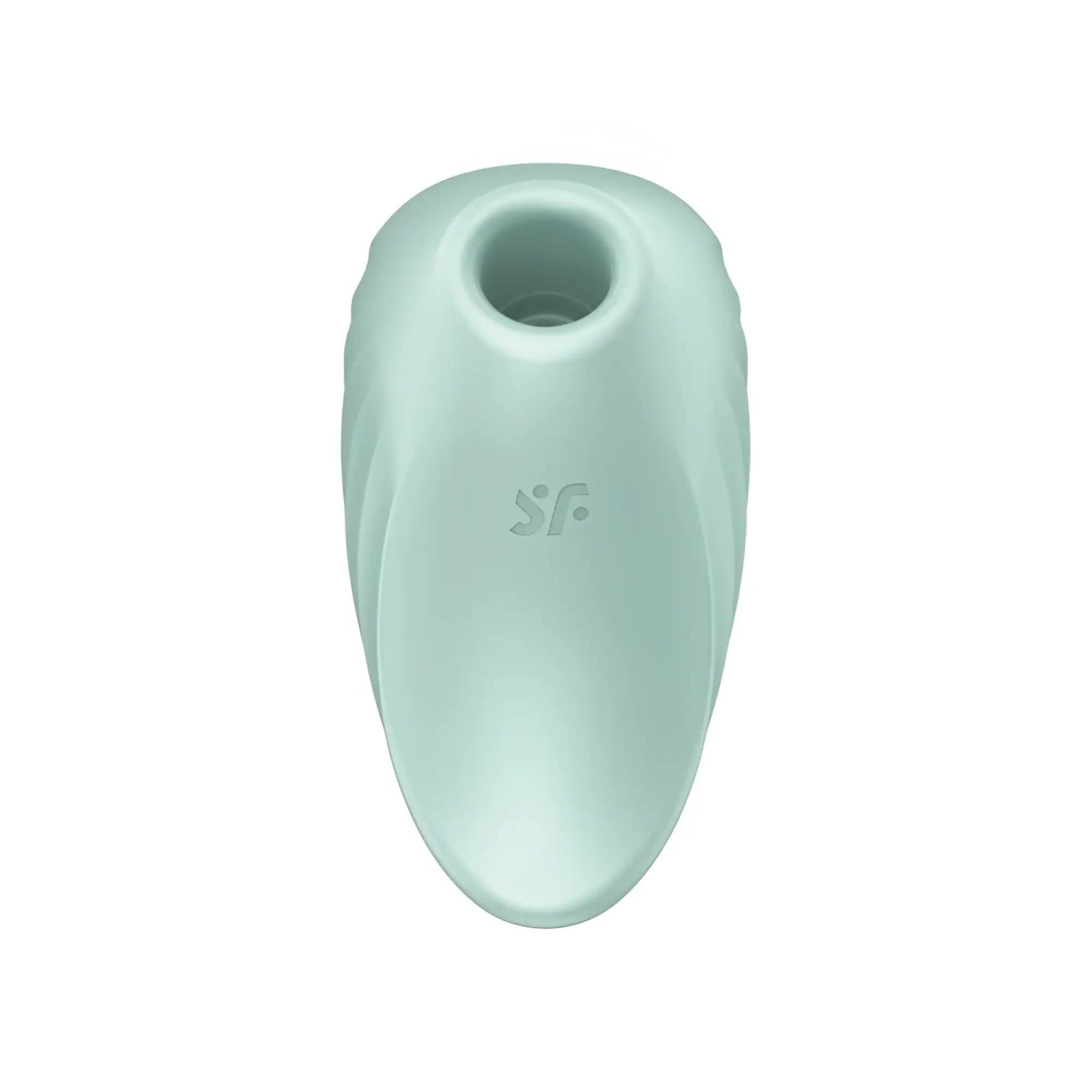 A sleek mint-green silicone satisfyer pearl diver air pulse simulator with smooth rounded design and embossed sf logo
