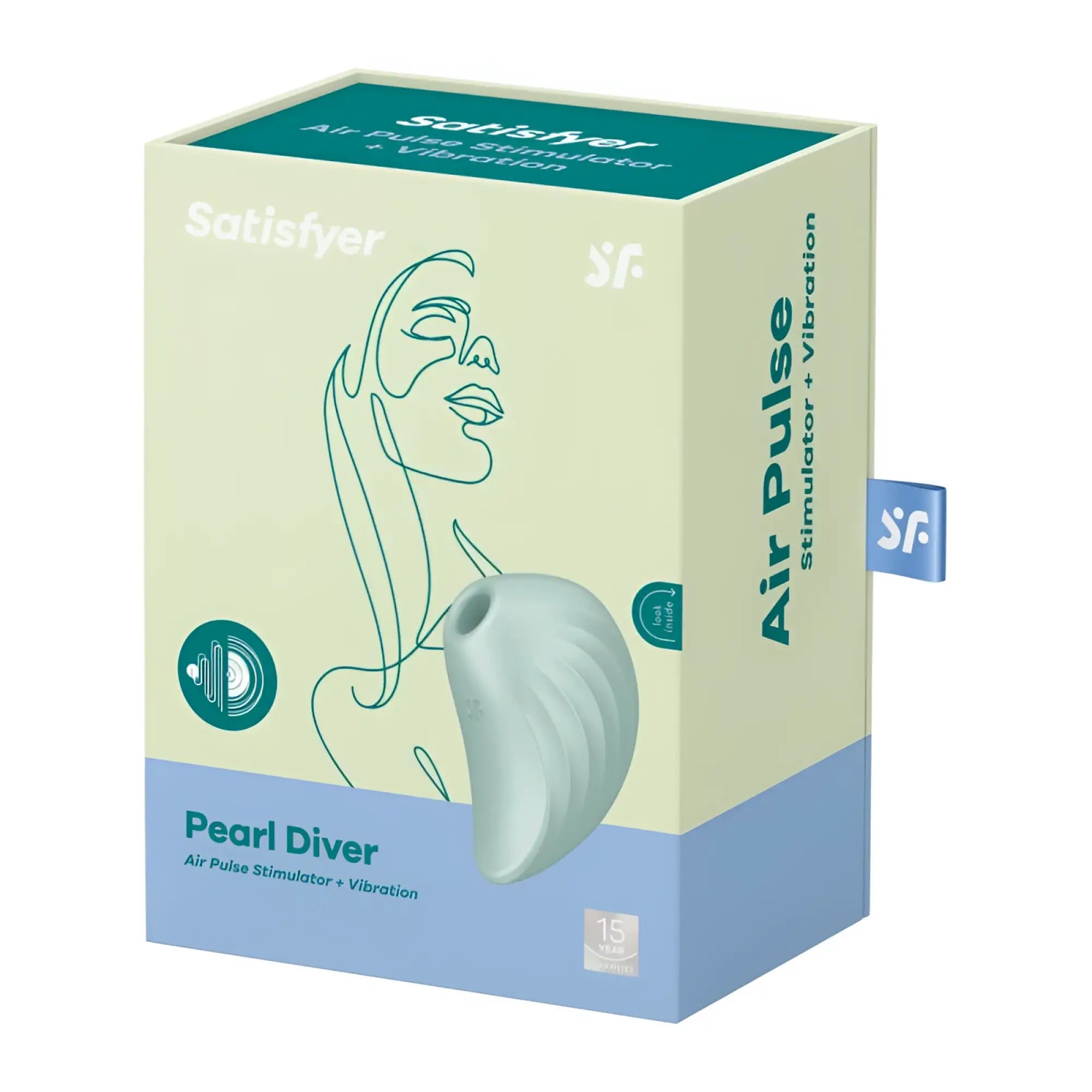 The satisfyer pearl diver is a sleek light teal silicone air pulse stimulator with textured ridges for enhanced sensation