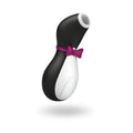 Black and white penguin-shaped adult toy with magenta bow tie from satisfyer for personal pleasure use