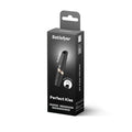 Satisfyer Perfect Kiss 3D air pulse vibrator in sleek black with gold accent ring and textured grip for precise stimulation