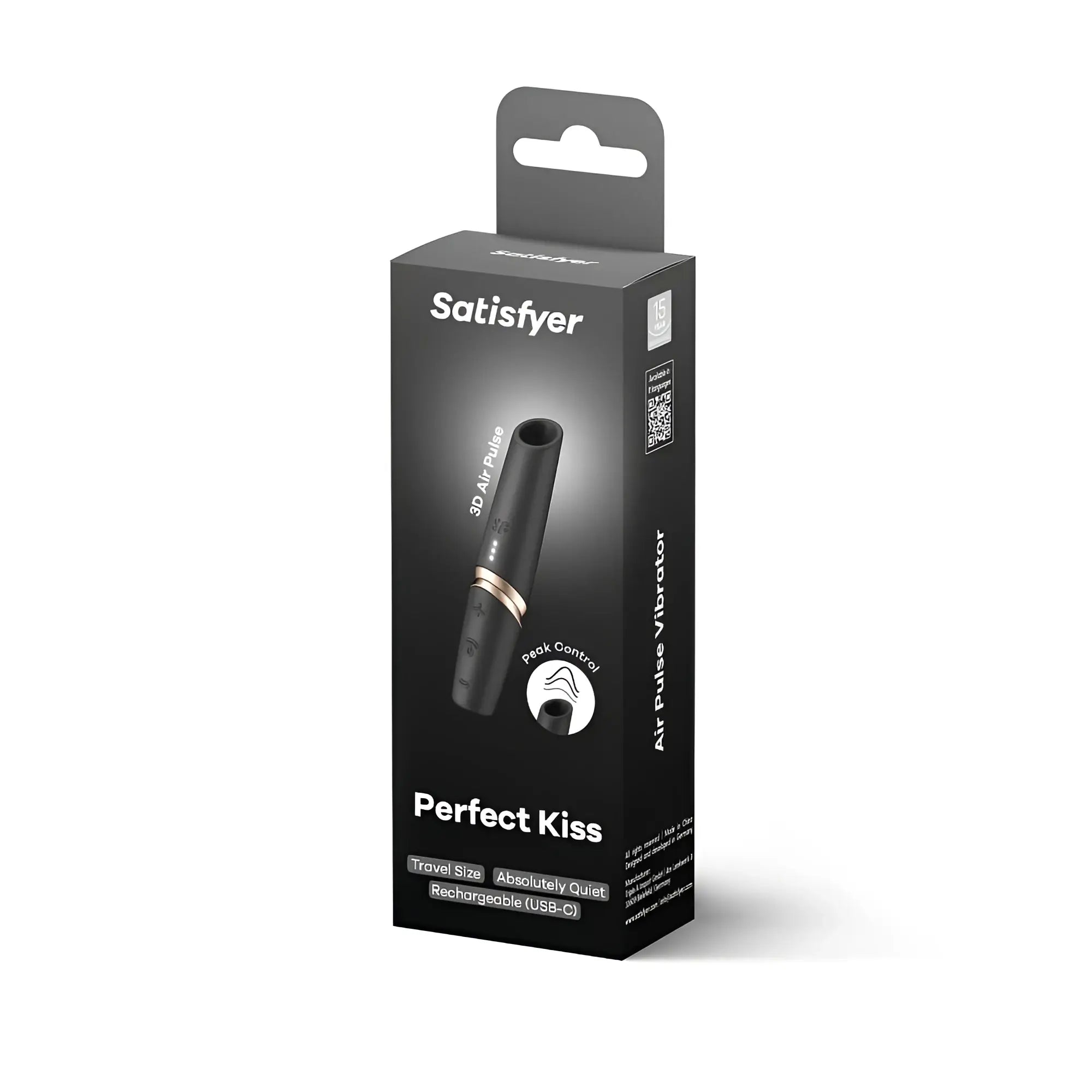 Satisfyer Perfect Kiss 3D air pulse vibrator in sleek black with gold accent ring and textured grip for precise stimulation