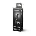 Satisfyer Perfect Kiss 3D air pulse vibrator in sleek black with gold accent ring and textured grip for precise stimulation