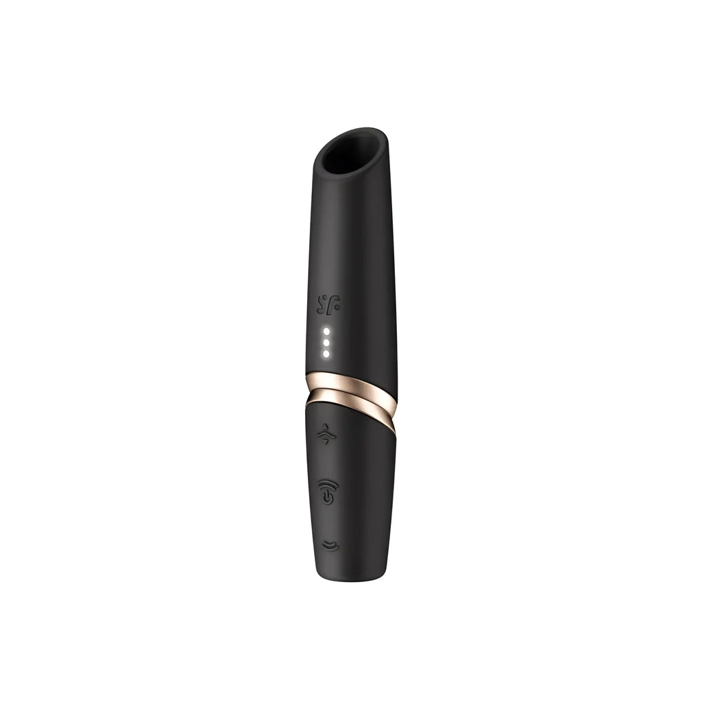 Black silicone and rose gold accent pleasure device with sleek cylindrical design from Satisfyer Perfect Kiss collection