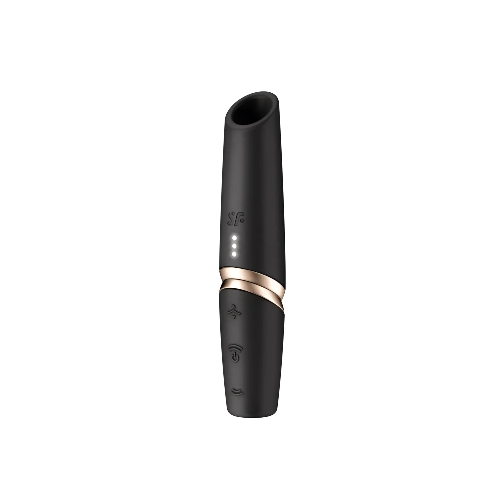 Black silicone and rose gold accent pleasure device with sleek cylindrical design from Satisfyer Perfect Kiss collection