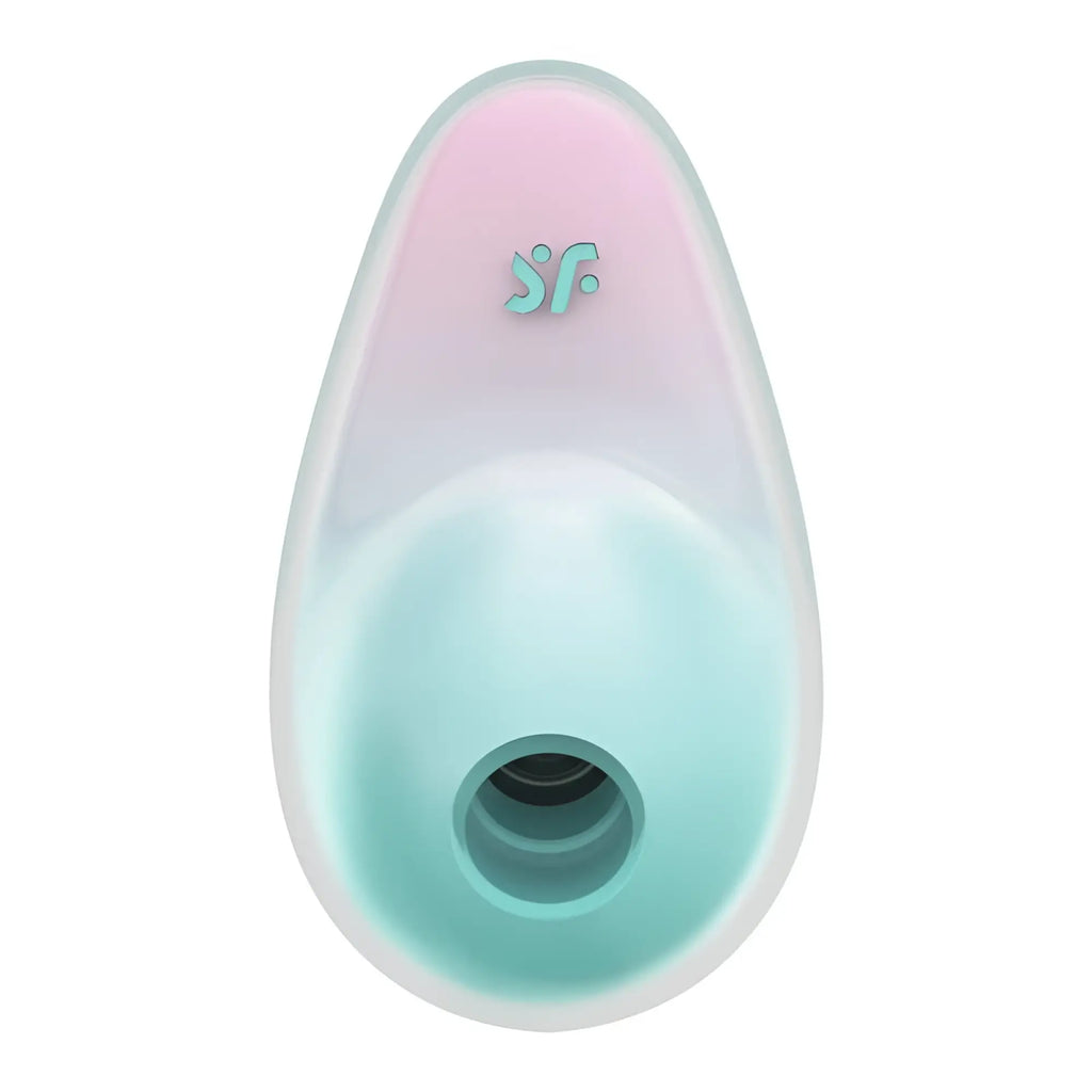 Satisfyer pixie dust silicone toy with pastel pink to mint green gradient and teal sf logo on top