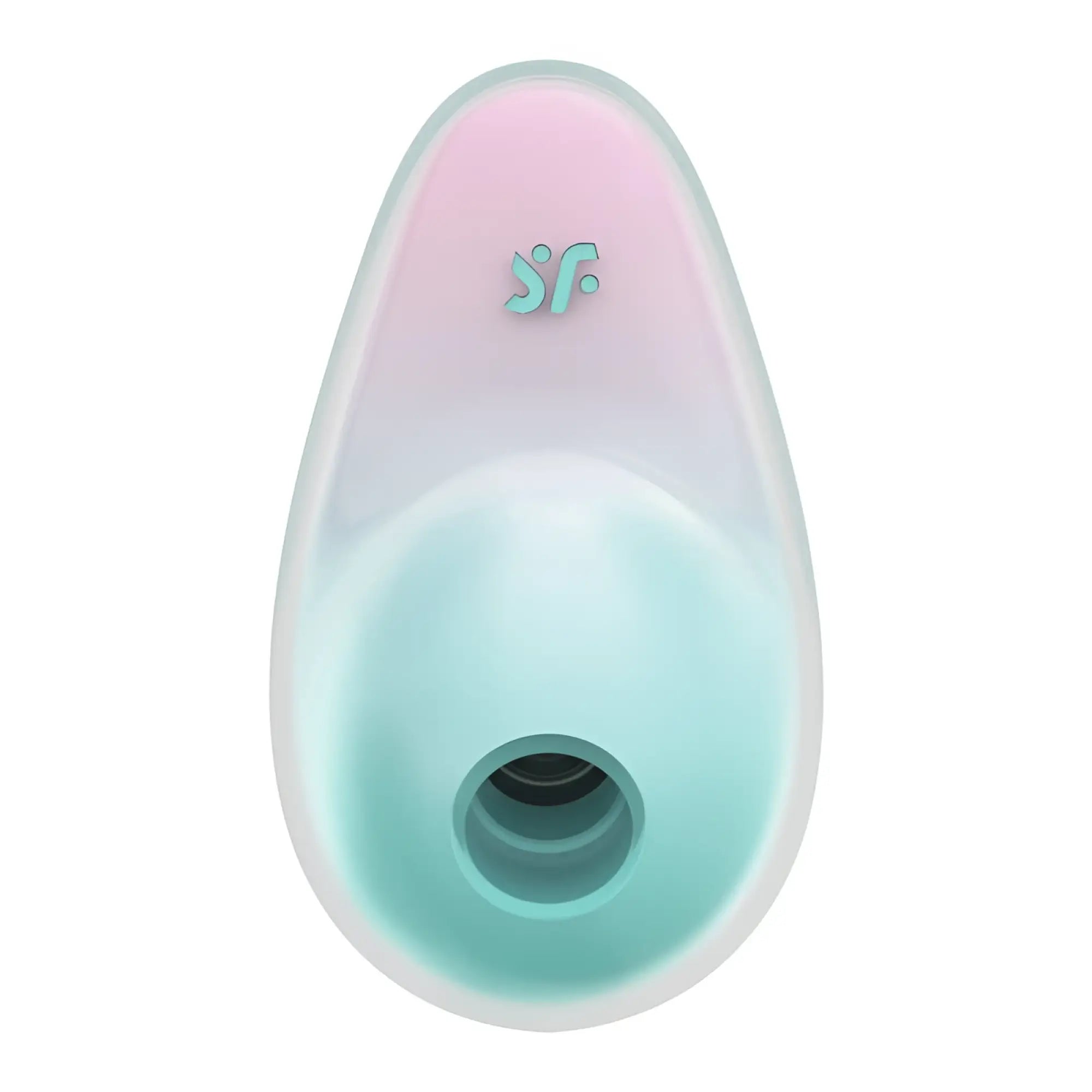 Satisfyer pixie dust silicone toy with pastel pink to mint green gradient and teal sf logo on top
