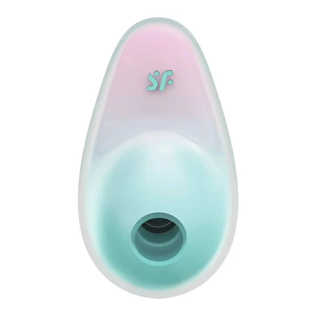Satisfyer pixie dust silicone toy with pastel pink to mint green gradient and teal sf logo on top