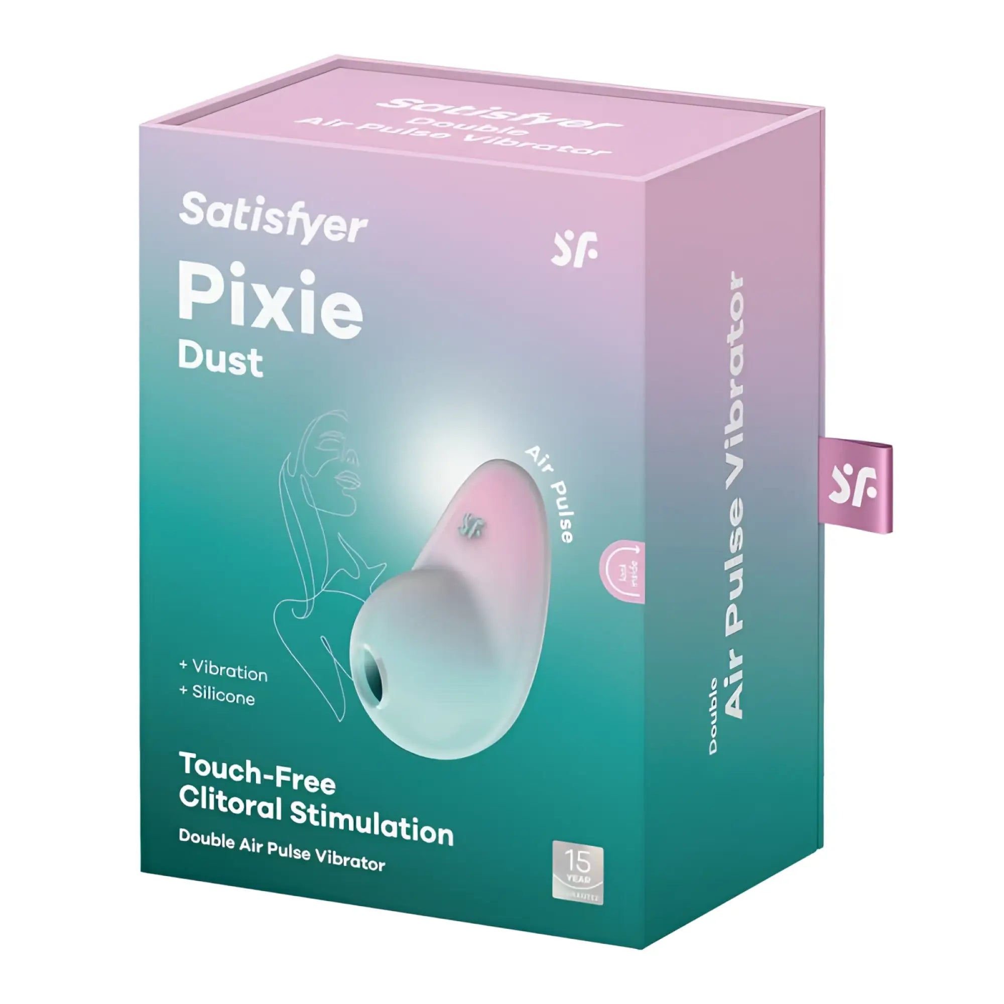 Pink and teal gradient silicone pixie dust double air pulse vibrator by Satisfyer for intimate pleasure